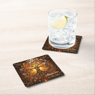 Moonlit Tree of Embered Eternity. Square Paper Coaster
