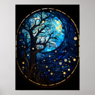 Moonlit Tree Stained Glass Celestial Art Poster