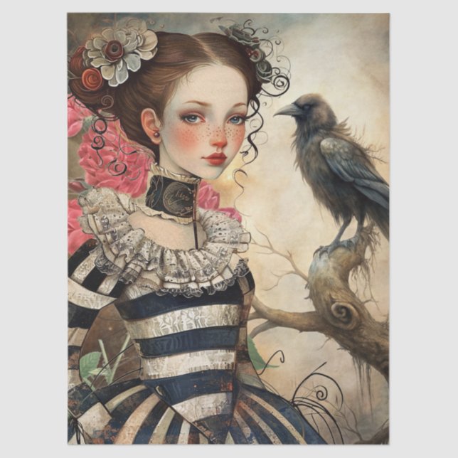 Moonlit Victorian Gothic Girl & Raven Fantasy  Tissue Paper (Front)