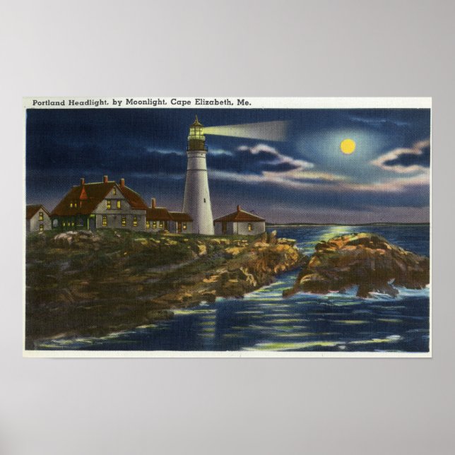 Moonlit View of the Portland Head Lighthouse Poster (Front)