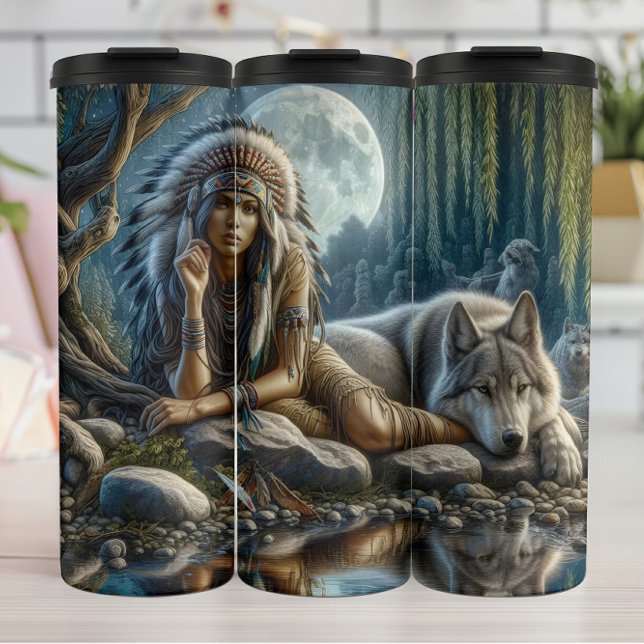 Moonlit Vigil: Woman and Wolf. Thermal Tumbler (Creator Uploaded)
