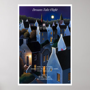 Moonlit Village Art Print Nighttime Landscape