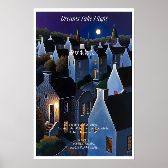 Moonlit Village Art Print Nighttime Landscape (Front)