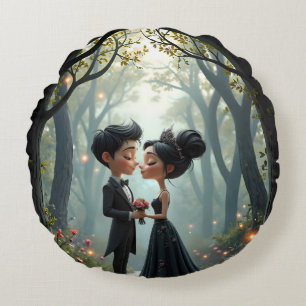 Moonlit Vows – A Cute Gothic Wedding Moment. Round Cushion