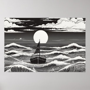 Moonlit Voyage Nautical Serenade Black and White Poster