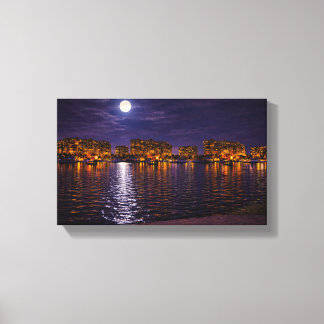 Moonlit Waterfront Cityscape Canvas Print | Night 