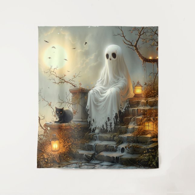 Moonlit Whispers: The Ghost and the Cat Tapestry (Front)