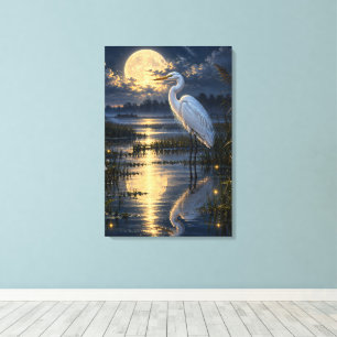 Moonlit White Egret Golden Moon Wetland Canvas Print