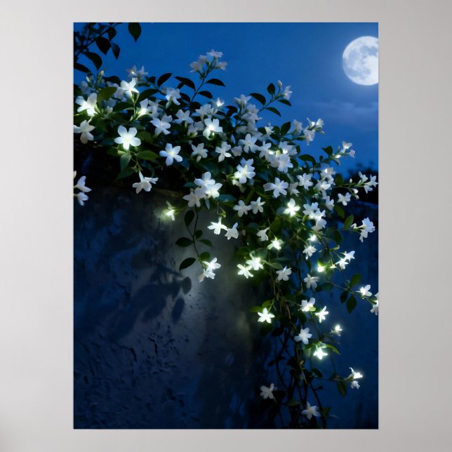 Moonlit White Flowers Vine Art Poster (Front)