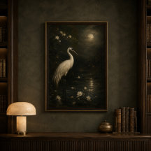 Moonlit White Heron Poster | Vintage Bird Art