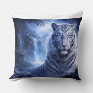 Moonlit White Tiger Guardian – Blue Fantasy Spirit Cushion