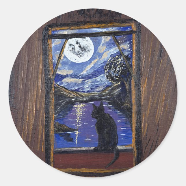    Moonlit Window—handmade artwork  Classic Round Sticker (Front)