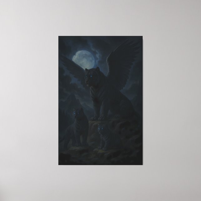 Moonlit Winged Tiger Family – Celestial Mythic Bea Canvas Print (Front)