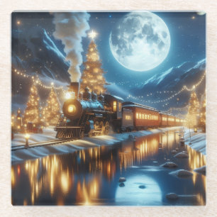 Moonlit Winter Christmas Train Glass Coaster
