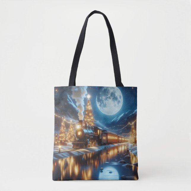 Moonlit Winter Christmas Train Tote Bag (Front)
