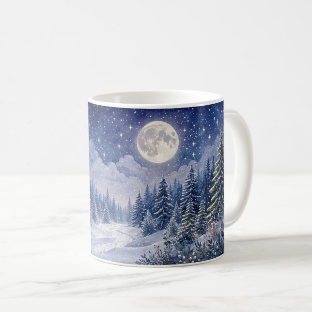 Moonlit Winter Forest Landscape Art Coffee Mug (Front Right)