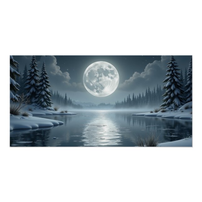 Moonlit Winter Lake – Serene Night Landscape Art Poster (Front)