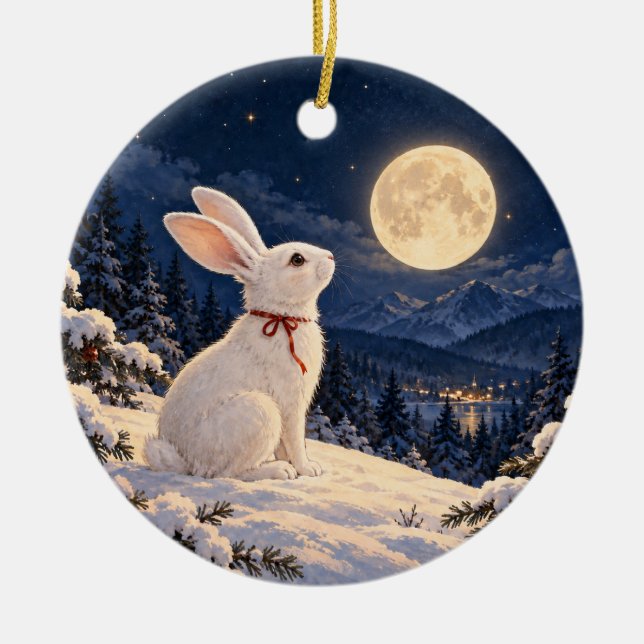 Moonlit Winter Rabbit Ceramic Circle Ornament (Front)