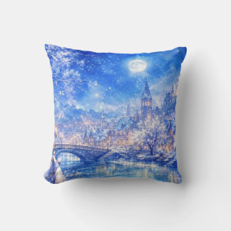 Moonlit Winter Village Throw Pillow