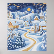 Moonlit Winter Village with Snowy Pathway