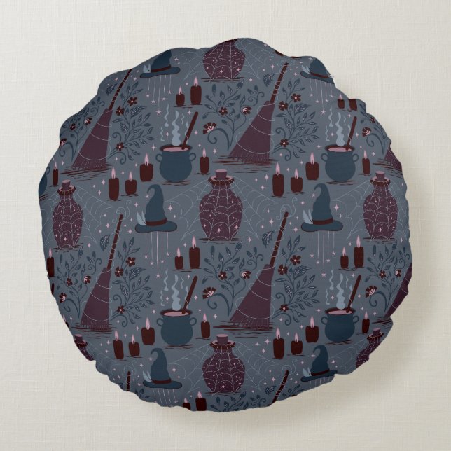 Moonlit Witchy Halloween Pattern Round Cushion (Back)