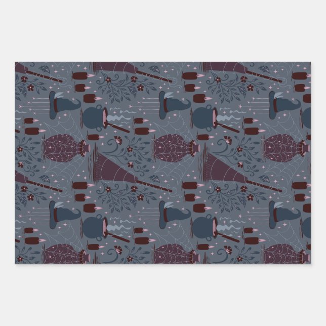 Moonlit Witchy Halloween Pattern Wrapping Paper Sheet (Front)