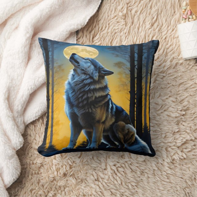 Moonlit Wolf Howling at Dusk.  Cushion (Blanket)