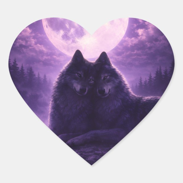 Moonlit Wolves Heart Sticker (Front)
