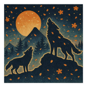 Moonlit Wolves & Mount Fuji – Japanese Night Art Poster