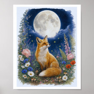 Moonlit Woodland Fox Watercolor Botanical Wall Art