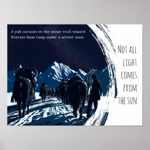 Moonlit Yak Caravan Everest Motivational Poster