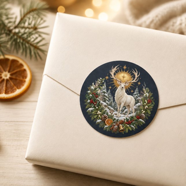 Moonlit Yule White Stag Winter Solstice Sticker (Moonlit Yule White Stag Winter Solstice Sticker)