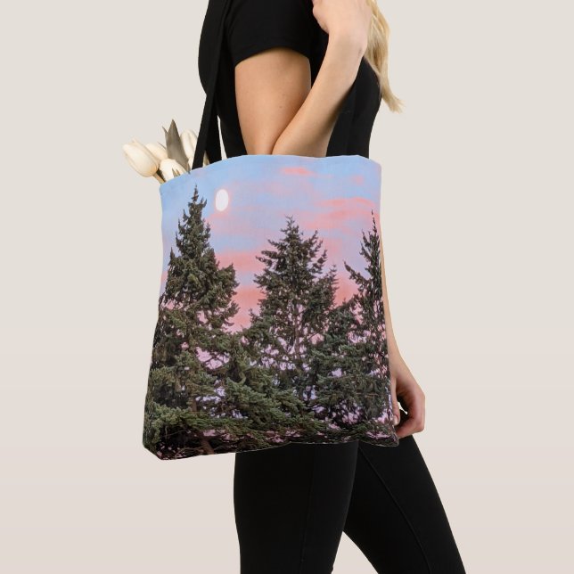 Moonrise at Sunset with Pink Clouds Tote Bag (Close Up)