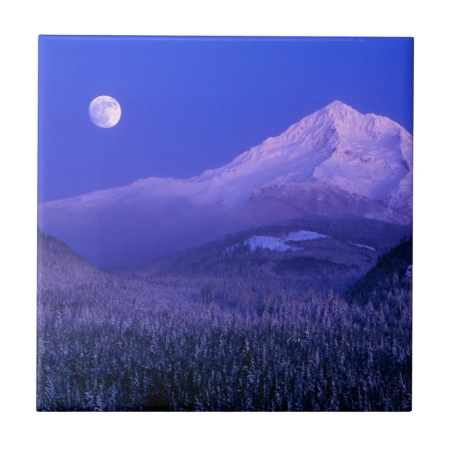 Moonrise over Mt Hood winter, Oregon Tile (Front)