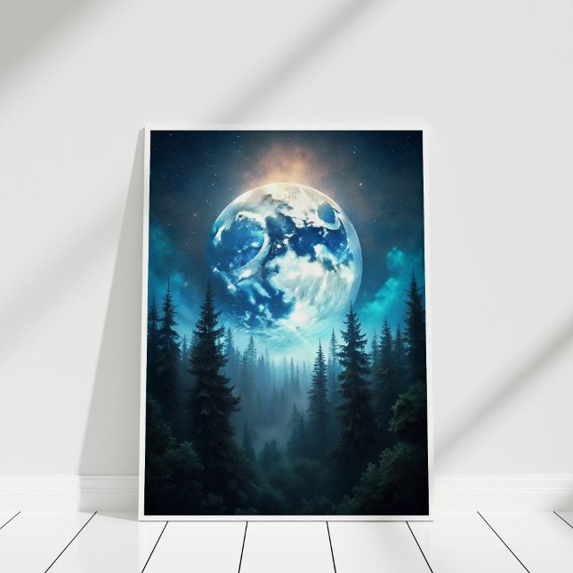 Moonrise Over Pines – Serene Lunar Landscape Art Poster (Moonrise Over Pines – Serene Lunar Landscape Art Poster in a white wooden frame)