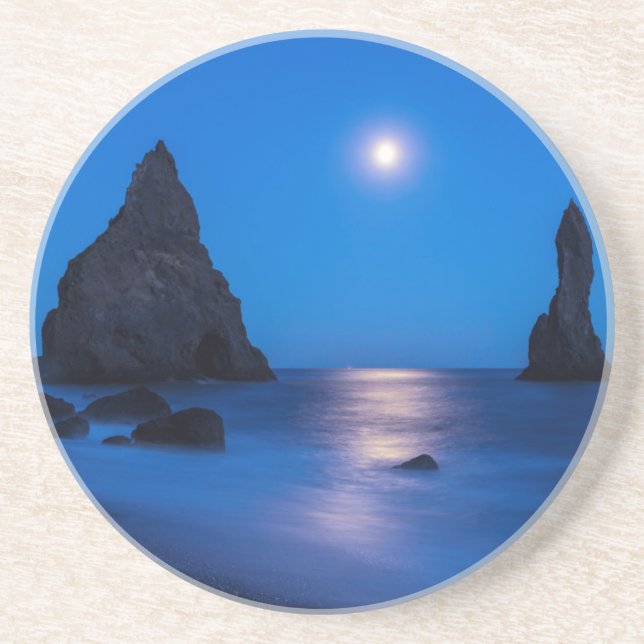 Moonrise reflection on ocean and sea stacks coaster (Front)