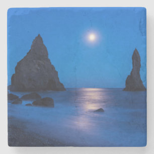Moonrise reflection on ocean and sea stacks stone coaster