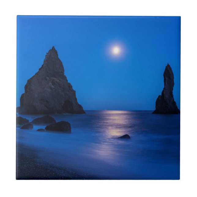 Moonrise reflection on ocean and sea stacks tile (Front)