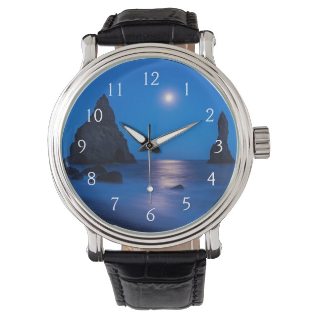 Moonrise reflection on ocean and sea stacks watch (Front)