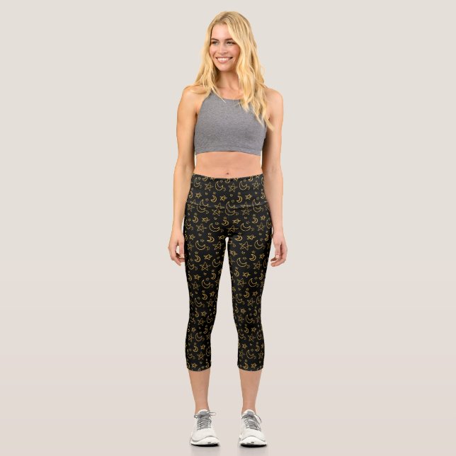 Moons and Stars Gold Pattern Capri Leggings (Front)