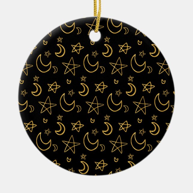 Moons and Stars Gold Pattern Ceramic Tree Decoration (Front)