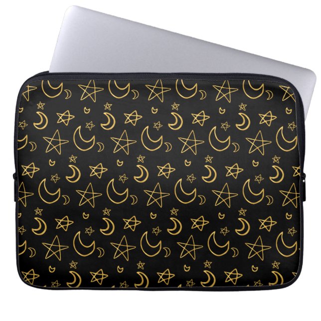 Moons and Stars Gold Pattern Laptop Sleeve (Front)