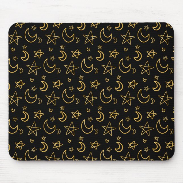 Moons and Stars Gold Pattern Mouse Pad (Front)
