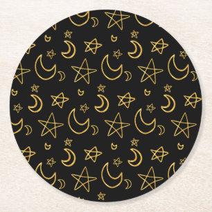 Moons and Stars Gold Pattern Round Paper Coaster