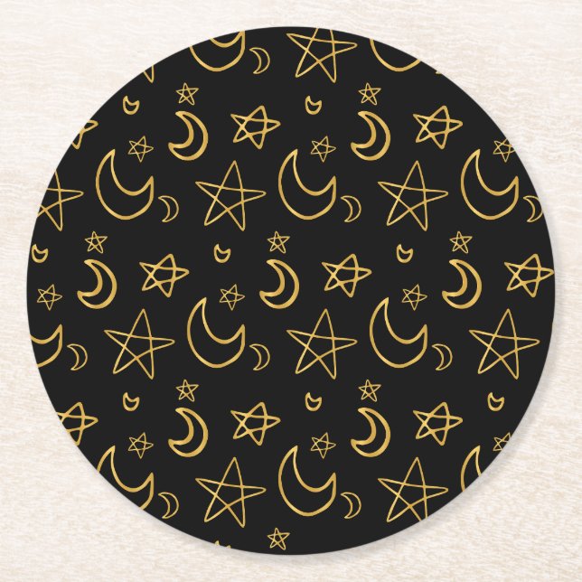 Moons and Stars Gold Pattern Round Paper Coaster (Front)