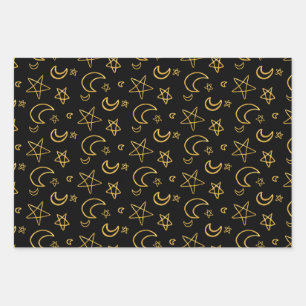 Moons and Stars Gold Pattern Wrapping Paper Sheet