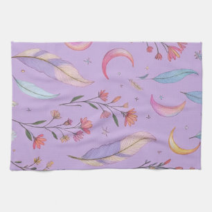 Moons, Flowers and Feathers Pastel Purple Tea Towel