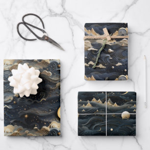 Moon's Journey: Celestial 3D Night Sky Design Wrapping Paper Sheet