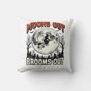 Moons Out Brooms Out Vintage Halloween Witch Desig Cushion