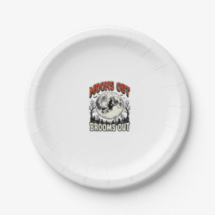 Moons Out Brooms Out Vintage Halloween Witch Desig Paper Plate